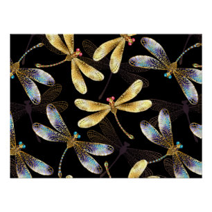 Poster Motif sans couture avec libellules d'or