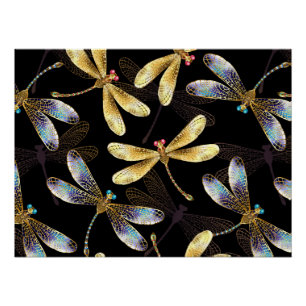 Poster Motif sans couture avec libellules d'or