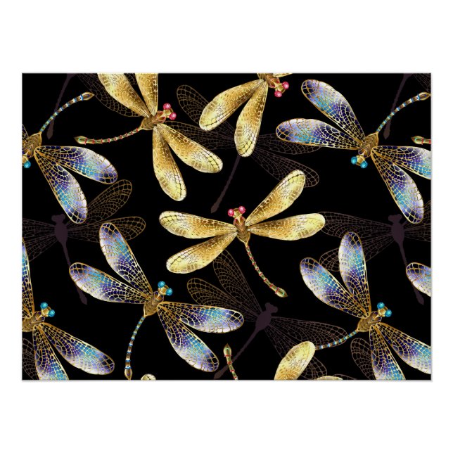 Poster Motif sans couture avec libellules d'or (Devant)