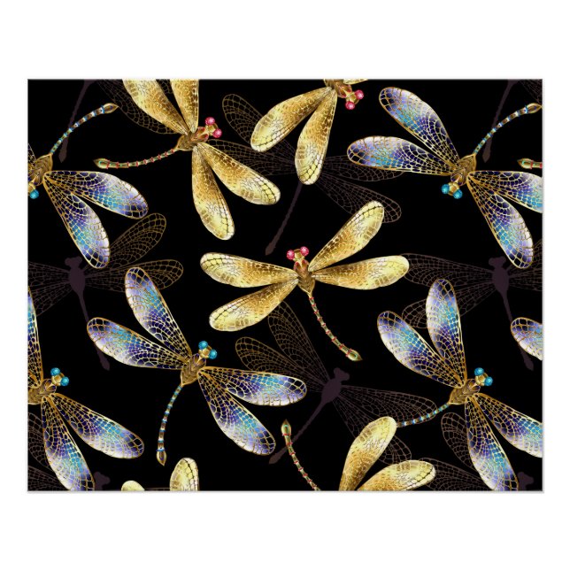 Poster Motif sans couture avec libellules dorées (Devant)