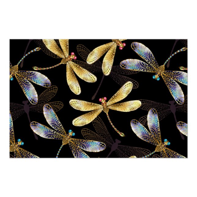 Poster Motif sans couture avec libellules dorées (Devant)