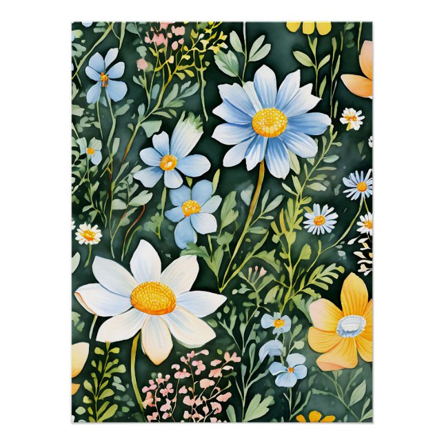 Poster Motif sans couture Fleurs sauvages d'aquarelle rét (Devant)