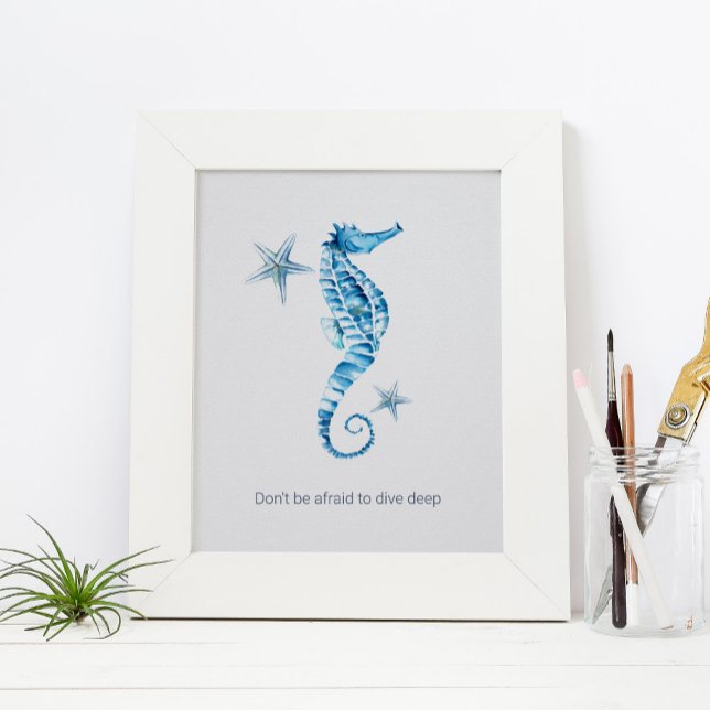 Poster Motivationnel de l'aquarelle tropicale (image features a framed custom print poster with seahorse watercolor art by Victoria Grigaliunas)