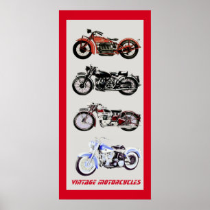 Poster MOTOCYCLES vintages, gris rouge noir