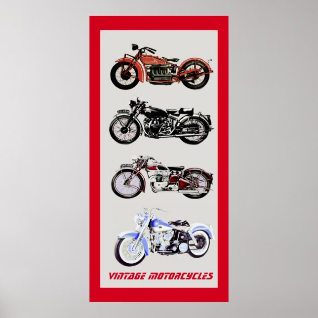 Poster MOTOCYCLES vintages, gris rouge noir (Devant)