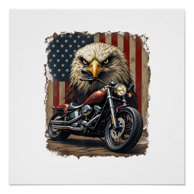 Poster Motocyclette Drapeau USA Rétro Biker Chopper (Devant)