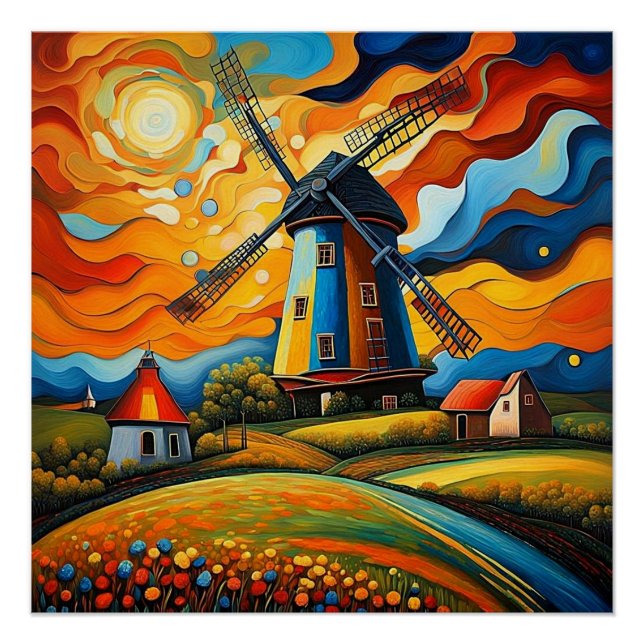 Poster Moulin à vent au coucher du soleil 10 (Devant)