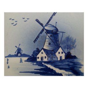 Poster Moulin à vent bleu blanc de Delft vintage