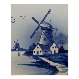 Poster Moulin à vent bleu blanc de Delft vintage