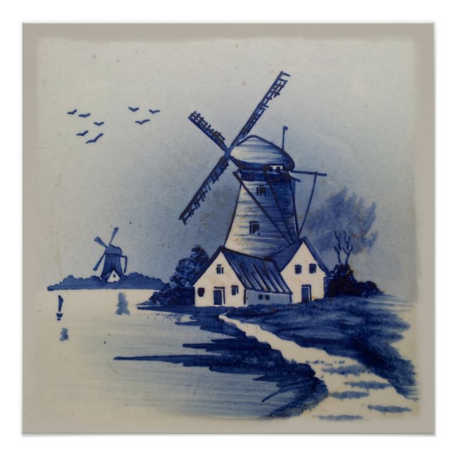 Poster Moulin à vent bleu blanc Delft antique (Devant)