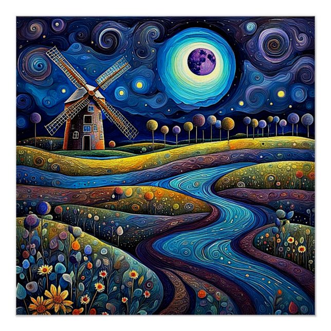 Poster Moulin à vent la nuit 4 (Devant)