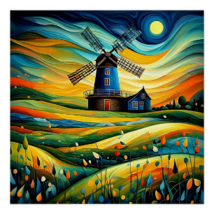 Poster Moulin à vent la nuit 8
