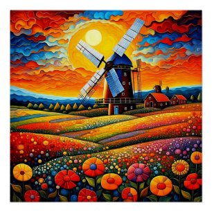 Poster Moulin au coucher du soleil 7