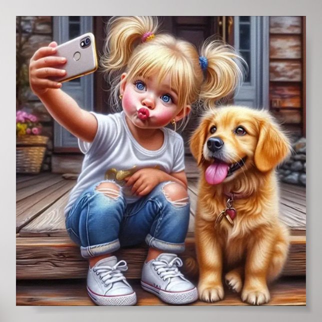 Poster mural Selfie Girl and Dog (Devant)