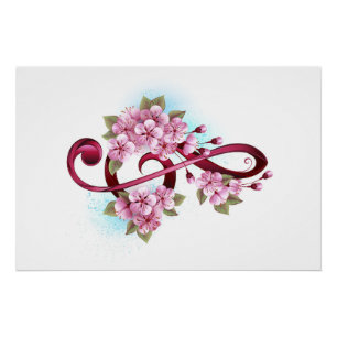 Poster Musical treble clef notes with sakura flowers