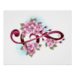 Poster Musical treble clef notes with sakura flowers