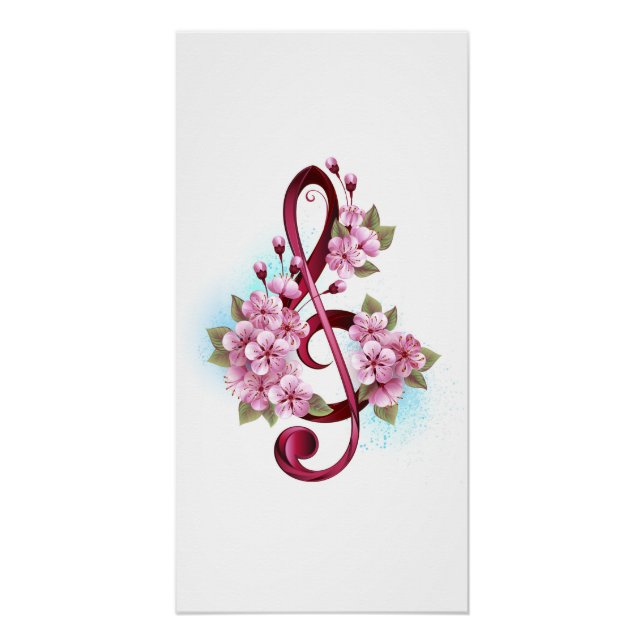 Poster Musical treble clef notes with sakura flowers (Devant)