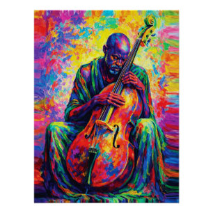 Poster Musicien Violoncelliste Abstrait Vibrant Couleurs