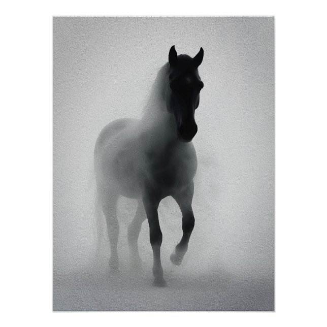 Poster Mystérieux cheval noir émergeant de la brume (Devant)