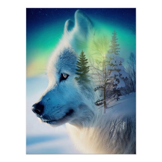 Poster Mystical Arctic Wolf & Aurora Borealis Double Expo (Devant)