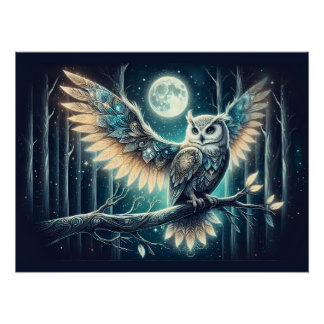 Poster Mystical Moon Owl Celestial Forest Glow