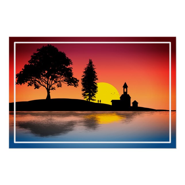Poster Nature Lake Trees Couple Silhouette Artwork (Devant)