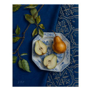 Poster Nature morte de poire sur textile bleu, peinture à