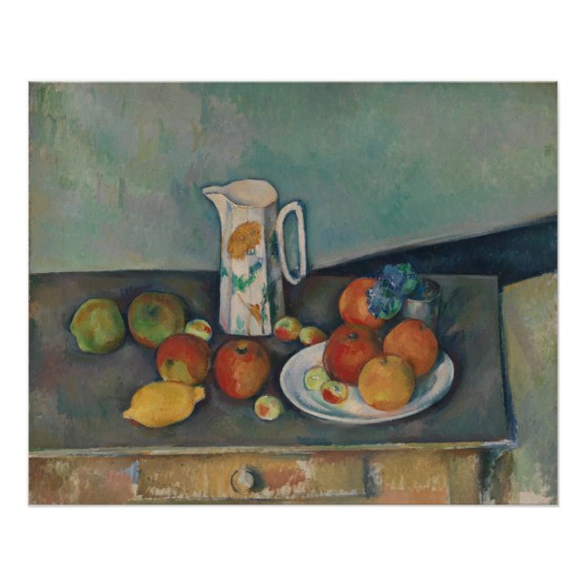 Poster Nature morte, pichet de lait et fruits sur une tab (Devant)