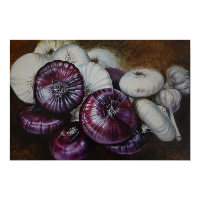 Poster Nature morte rustique à l'ail et à l'oignon – Beau (Devant)