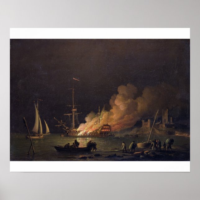 Poster Navire en feu de nuit, c.1756 (huile sur toile) (Devant)