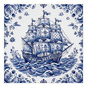 Poster Navire marchand de style Delft bleu blanc