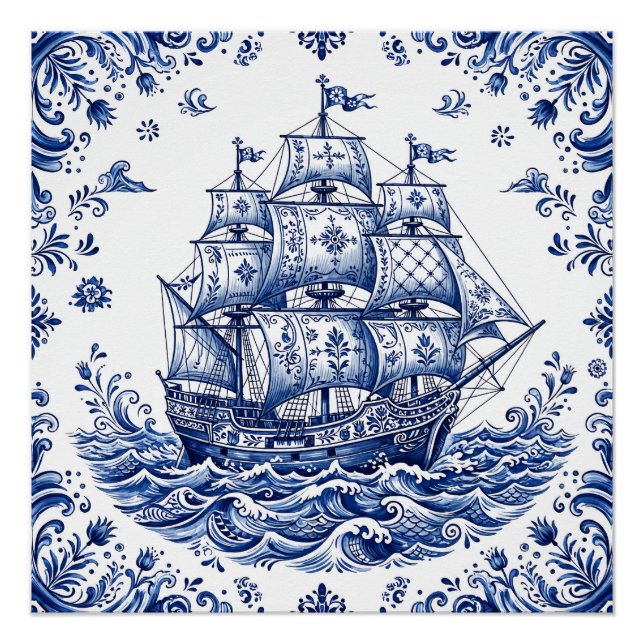 Poster Navire marchand de style Delft bleu blanc (Devant)