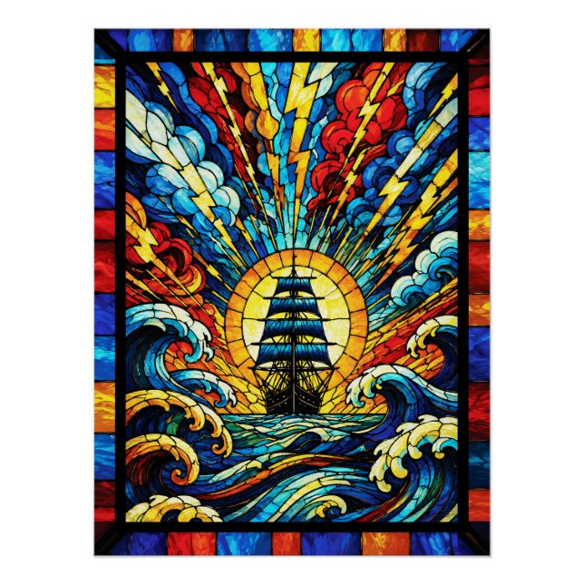 Poster Navire naviguant à travers la tempête (Devant)