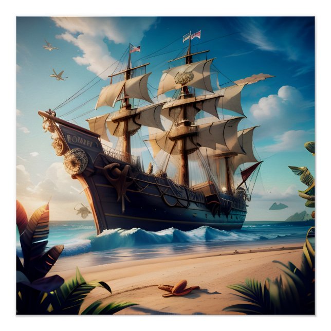 Poster Navire pirate de plage tropicale (Devant)