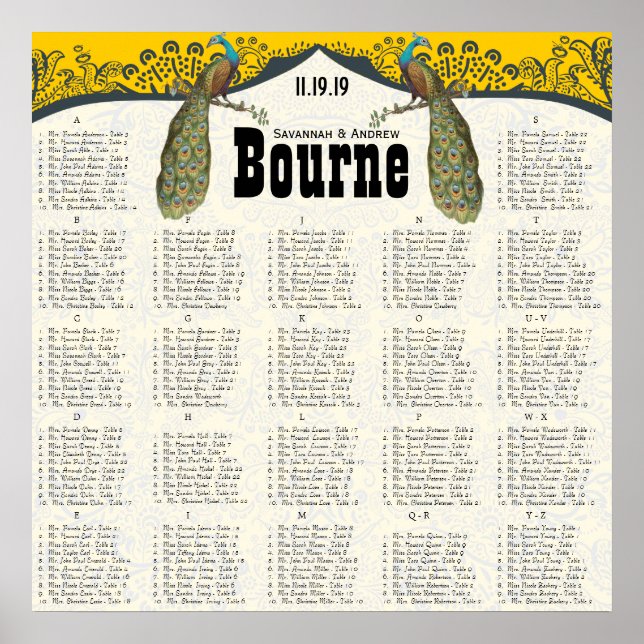Poster Navy and Mustard Peacock Love Bird Seating Chart (Devant)
