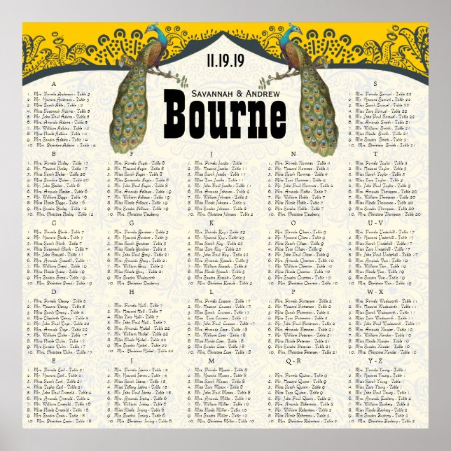 Poster Navy and Mustard Peacock Love Bird Seating Chart (Devant)
