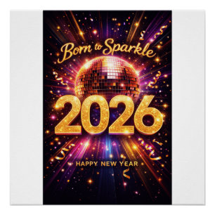 Poster Née pour briller 2026 Boule disco Bonne année