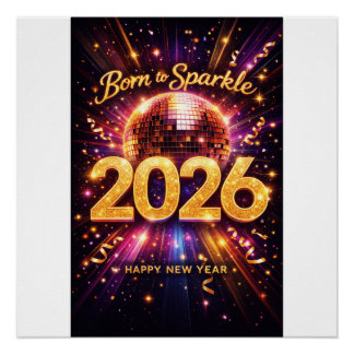 Poster Née pour briller 2026 Boule disco Bonne année