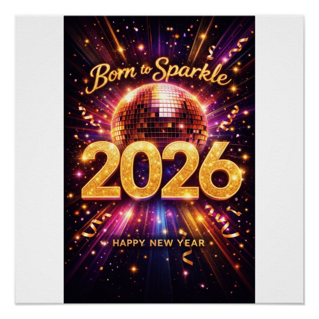 Poster Née pour briller 2026 Boule disco Bonne année (Devant)