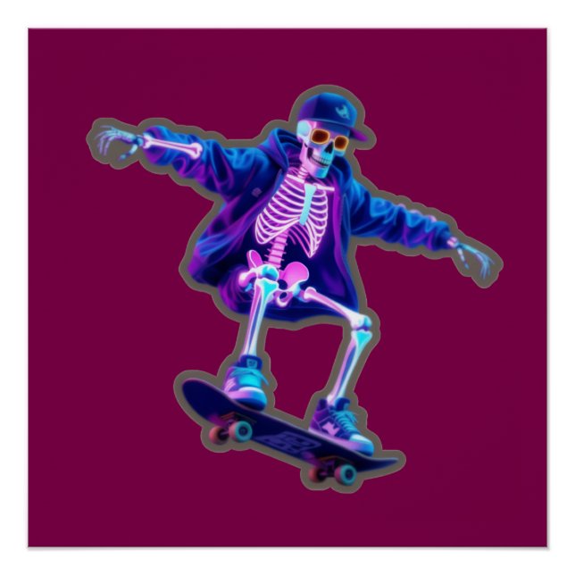 Poster Neon 3D Skeleton Skateboarding – Funny Streetwear  (Devant)