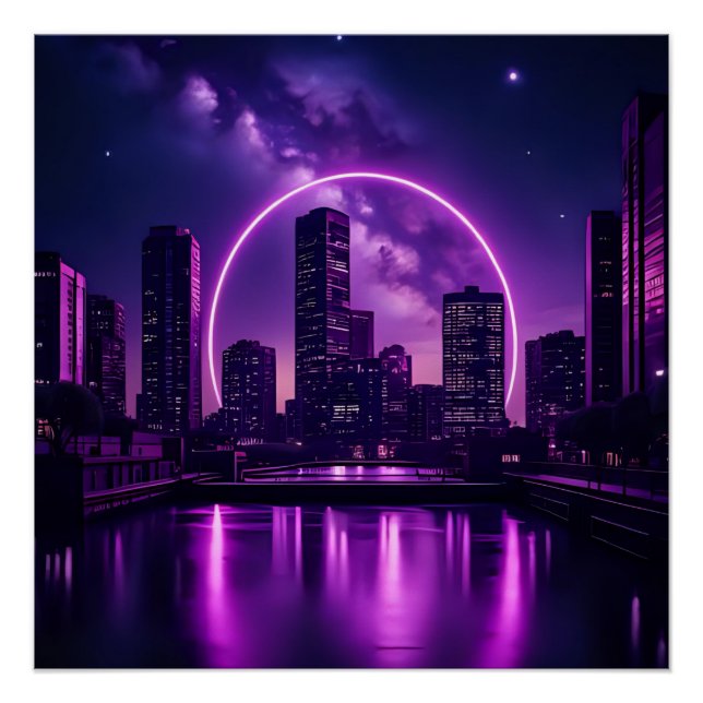 Poster Neon Cyberpunk Cityscape - Futuriste Purple (Devant)