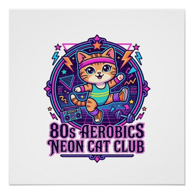 Poster Néon de chat aérobic des années 80 - Conception dr (Devant)
