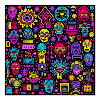Poster Neon Doodle Faces - Motif d'art de rue animé