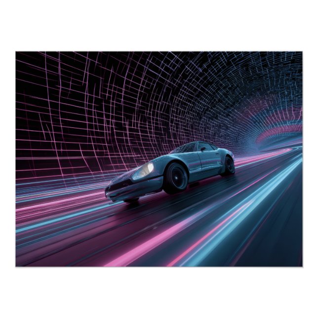 Poster Neon Grid Racer in Futuristic Tunnel (Devant)