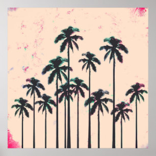 Poster Neon Lined Black Palm Trees on Peach Horizon