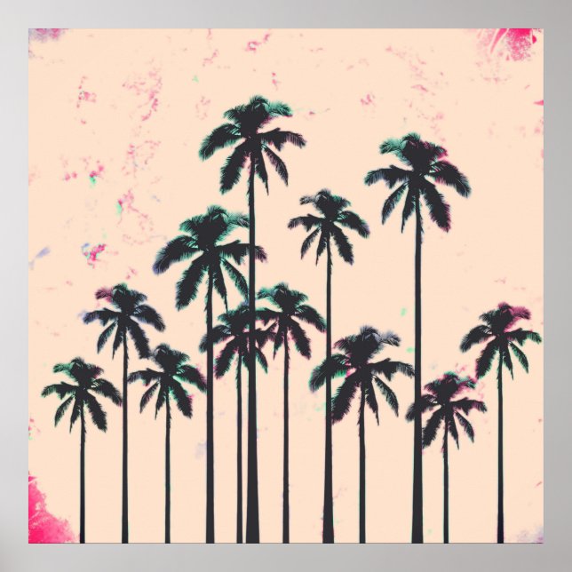 Poster Neon Lined Black Palm Trees on Peach Horizon (Devant)