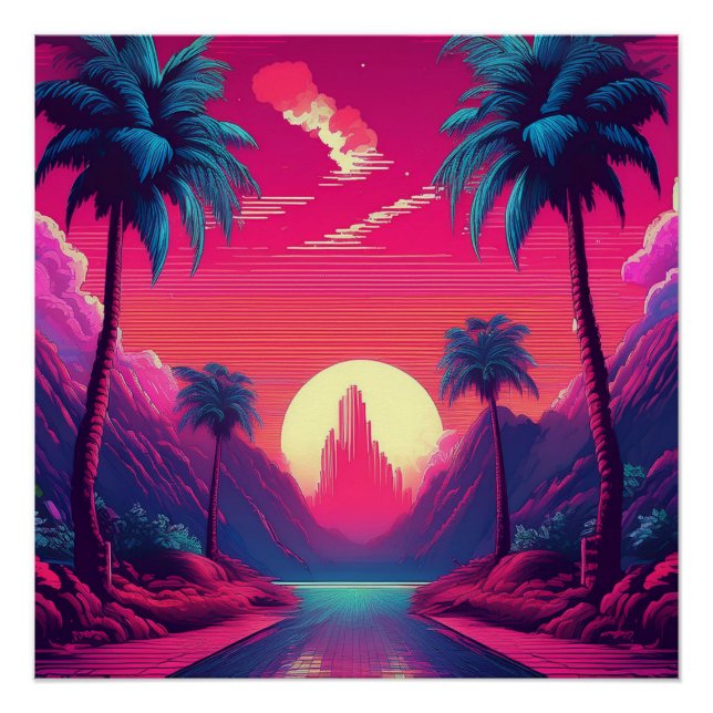 Poster Neon Sunset Paradise - Vibes tropicales rétro des  (Devant)