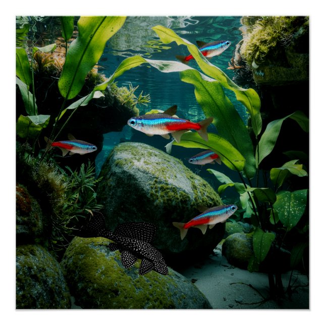 Poster Neon Tetras Plecostomus Aquarium Fish Tank Amateur (Devant)