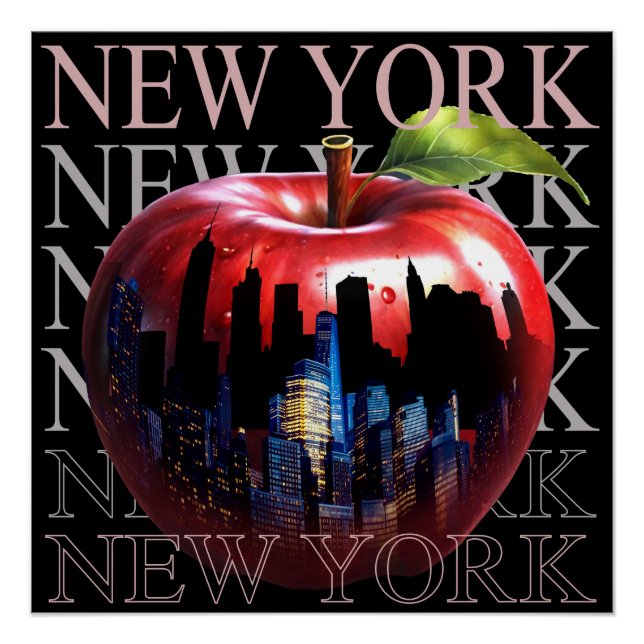 Poster New York La Grosse Pomme Fruit Silhouette City (Devant)