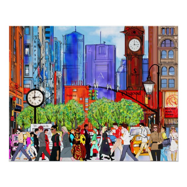 Poster New York Street Scene Art People Crossing Street (Devant)